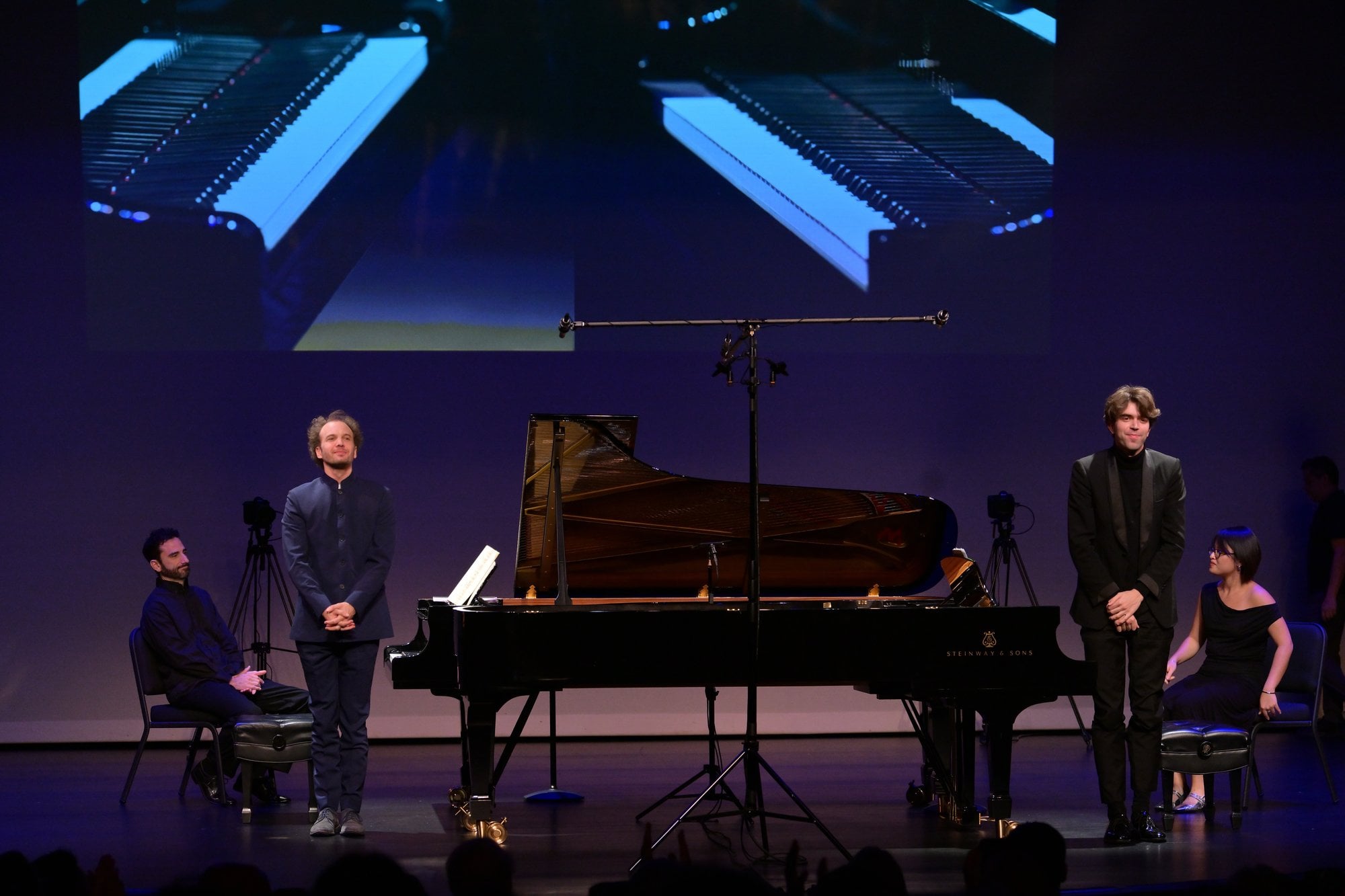 Pianists and page turners on stage at the Two-Piano Extravaganza, Aventura Arts & Cultural Center